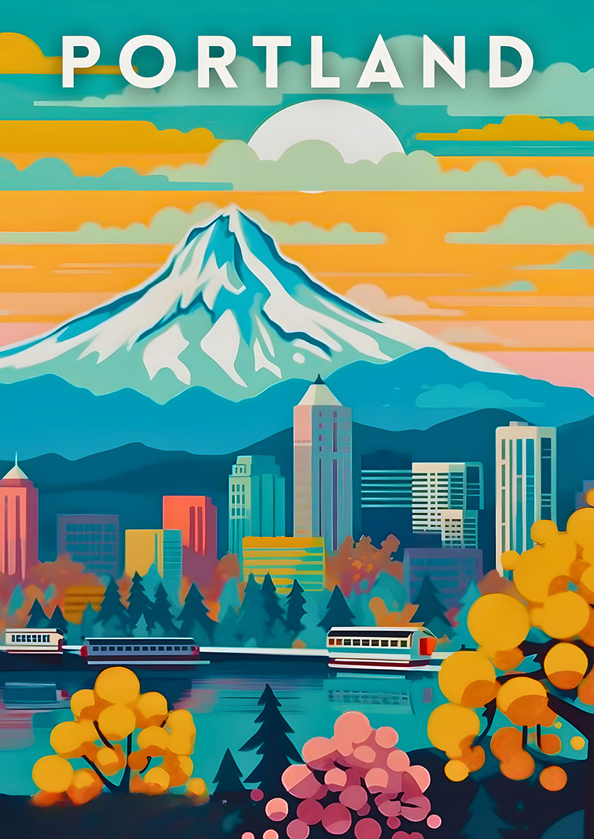 Vibrant artwork depicting Portland cityscape featuring Mount Hood in the background with colourful buildings and trees.